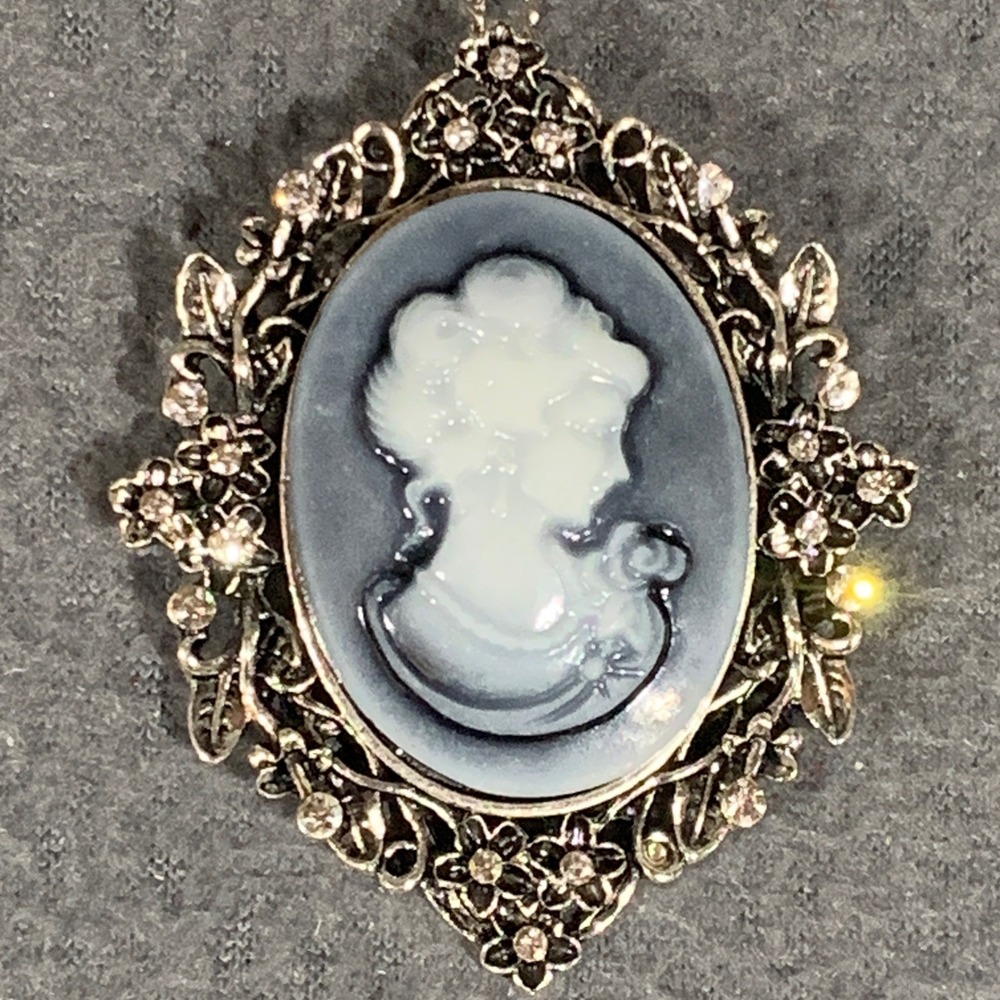 Vintage Style Blue Cameo Pendant Necklace‎ Brooch Silver Tone Rhinestone 24 Inch